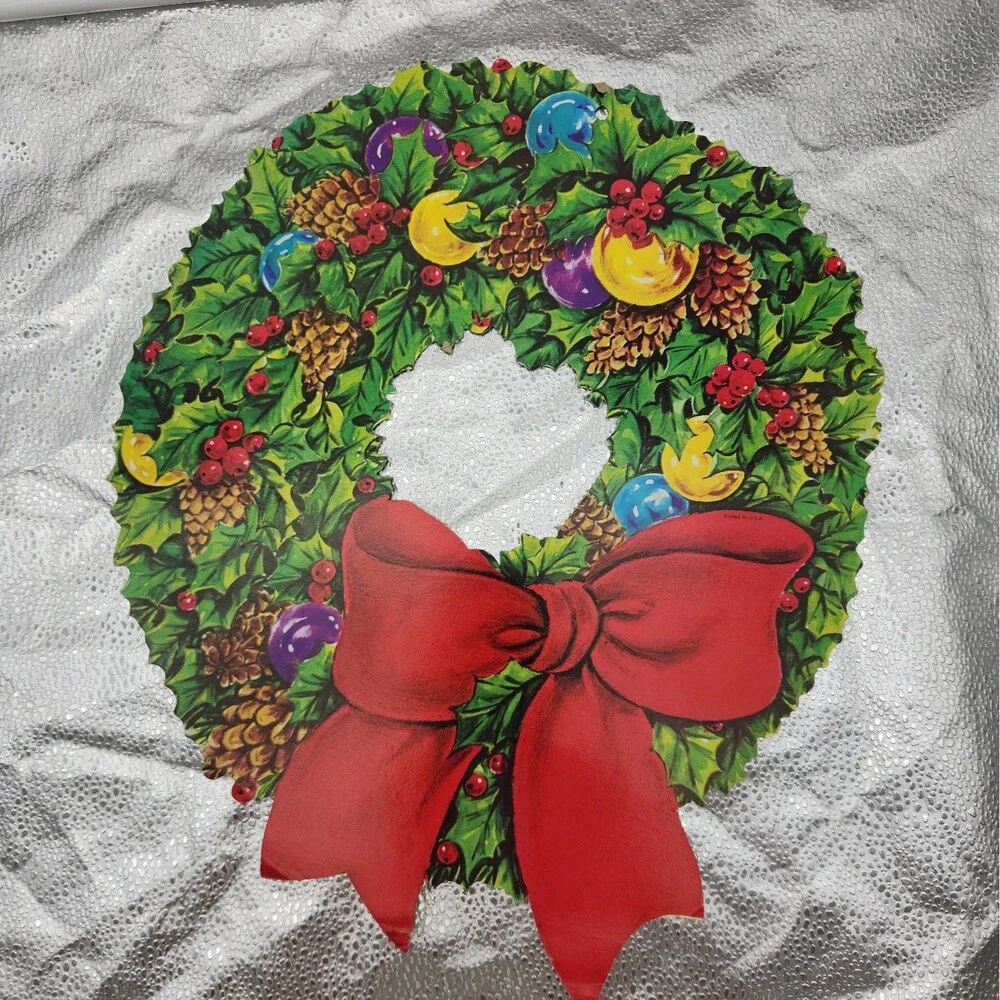 Die Cut Santa HMS INC & Wreath Kitschy Christmas Wall Decoration 60s VTG Classic